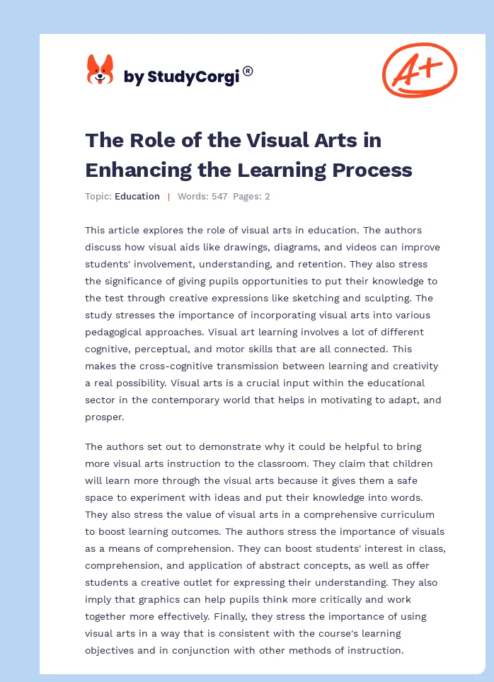 The Role of the Visual Arts in Enhancing the Learning Process. Page 1