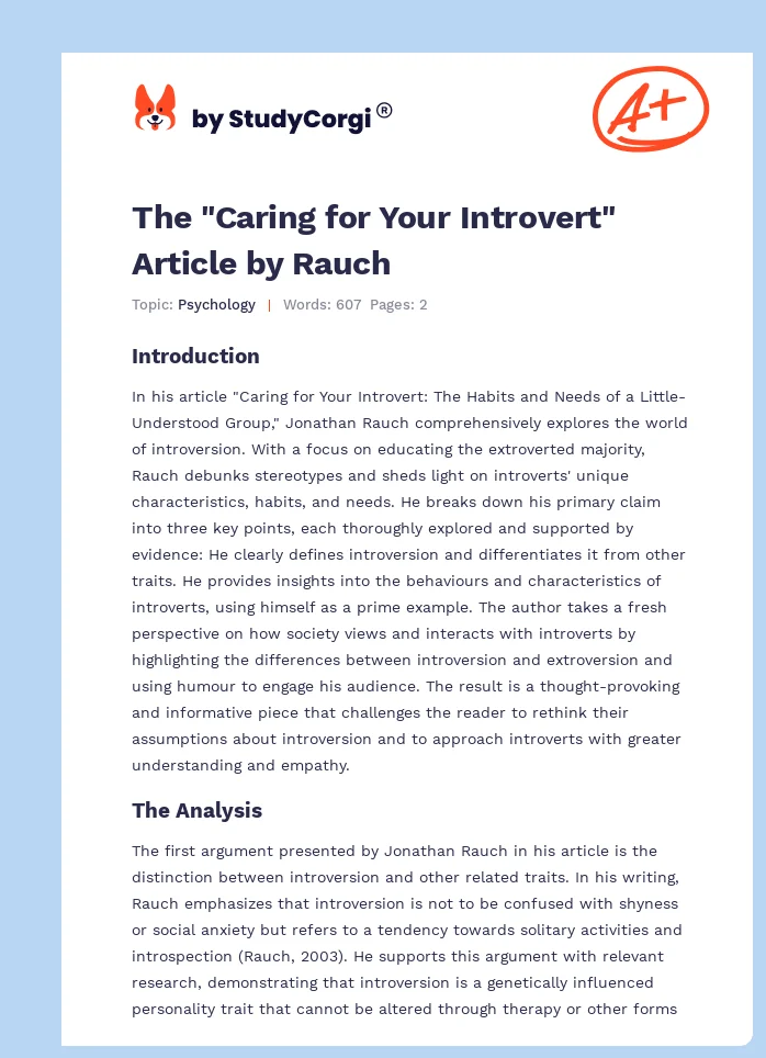The "Caring for Your Introvert" Article by Rauch. Page 1