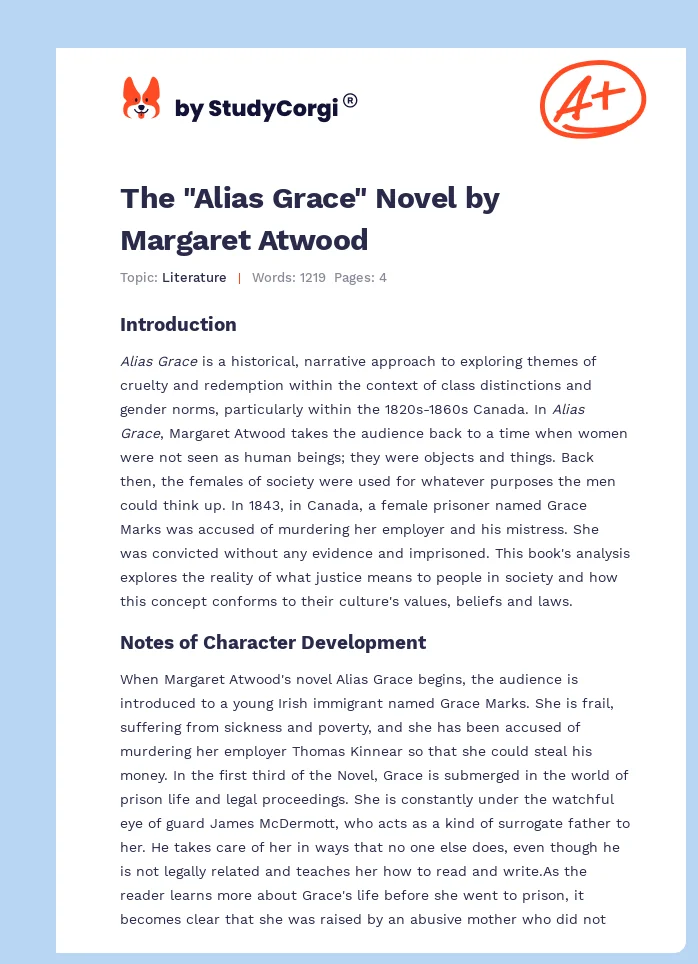 The "Alias Grace" Novel by Margaret Atwood. Page 1