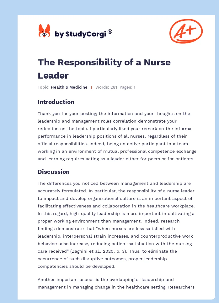 The Responsibility of a Nurse Leader. Page 1