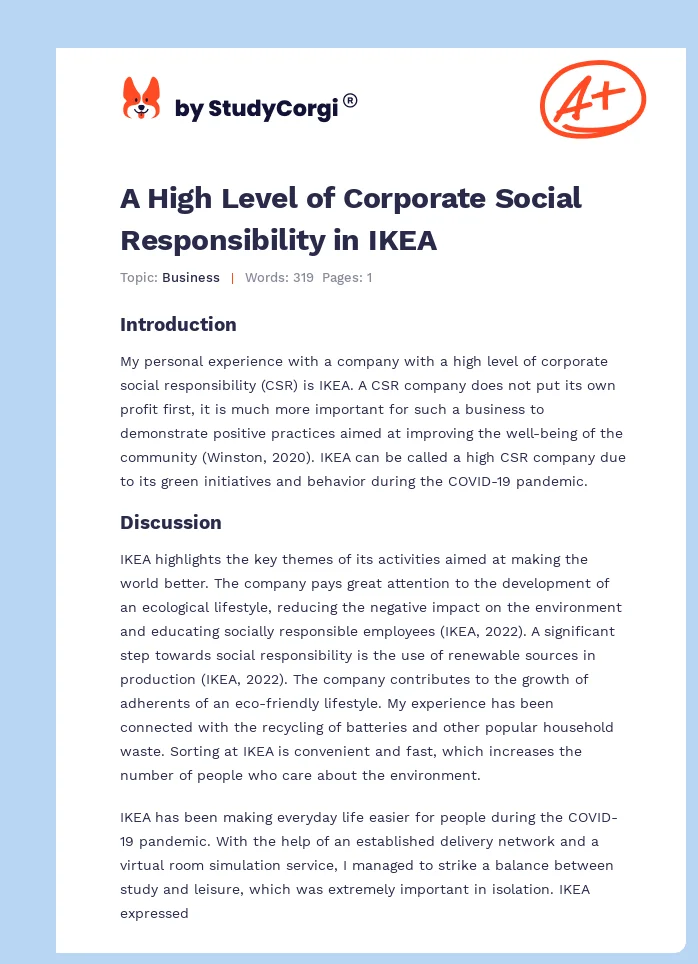 A High Level of Corporate Social Responsibility in IKEA. Page 1