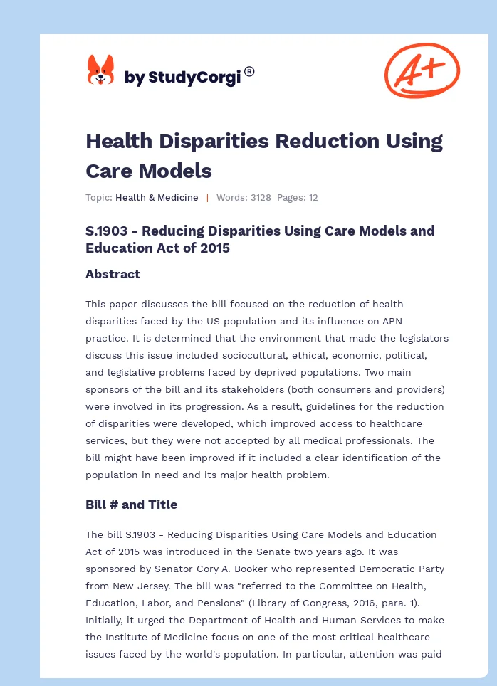 Health Disparities Reduction Using Care Models. Page 1