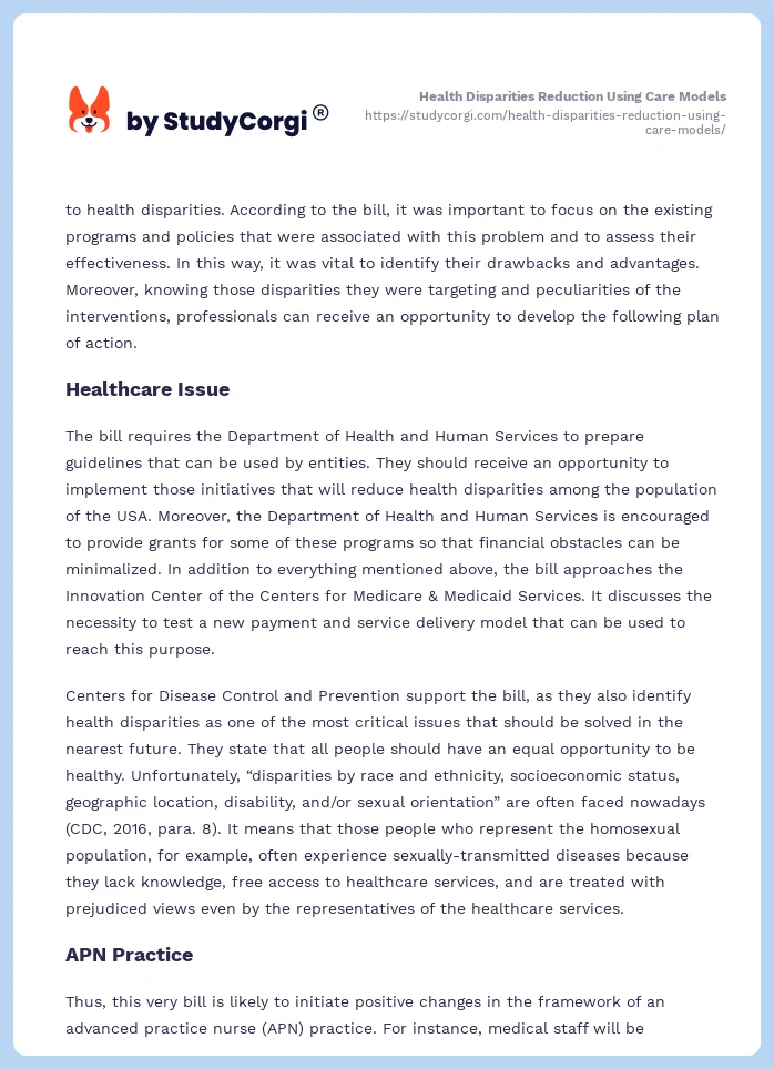 Health Disparities Reduction Using Care Models. Page 2