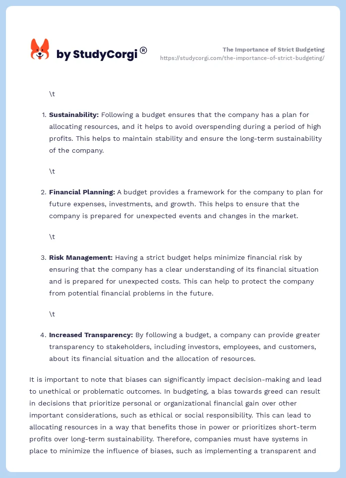 The Importance of Strict Budgeting. Page 2