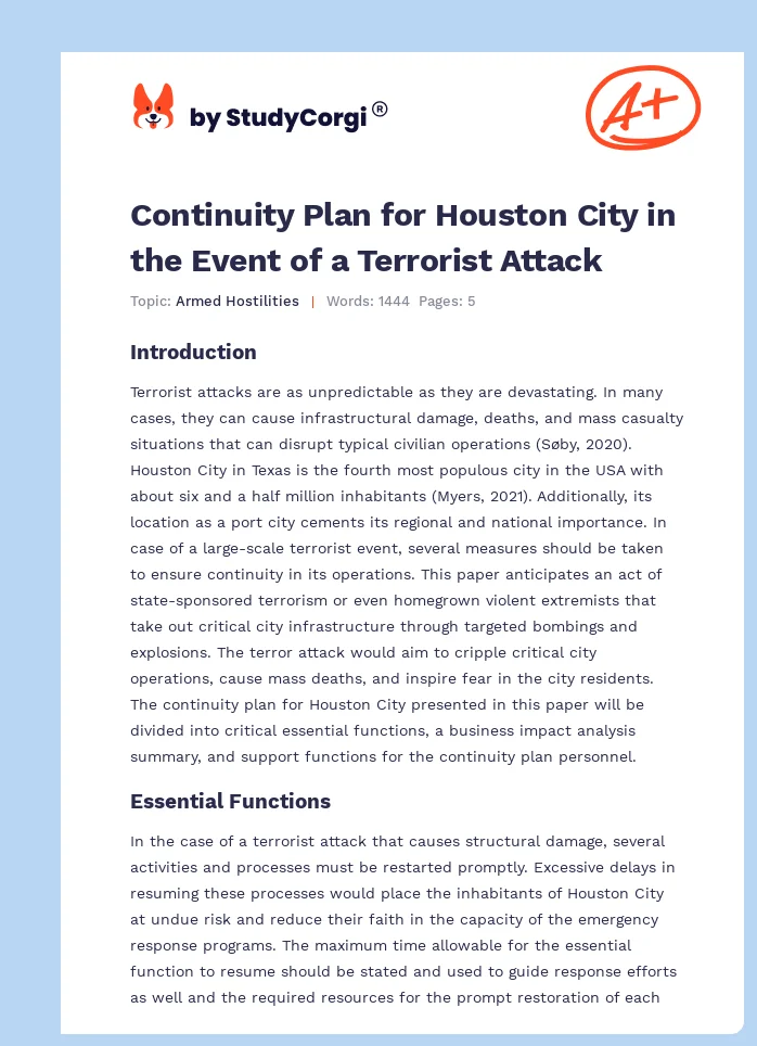 Continuity Plan for Houston City in the Event of a Terrorist Attack. Page 1