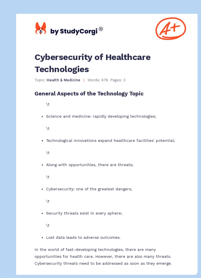 Cybersecurity of Healthcare Technologies. Page 1