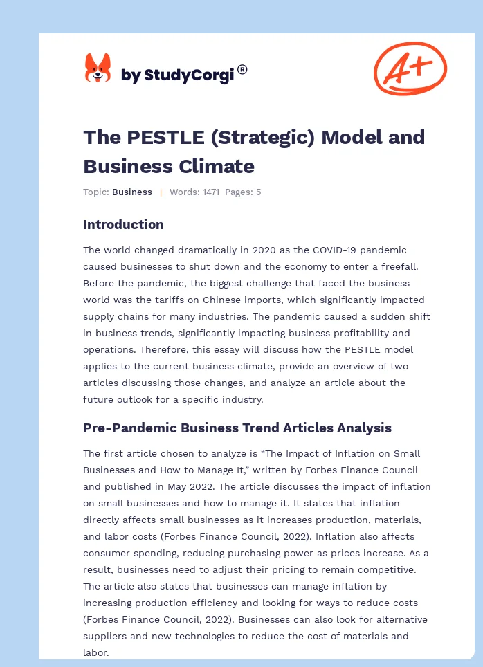 The PESTLE (Strategic) Model and Business Climate. Page 1