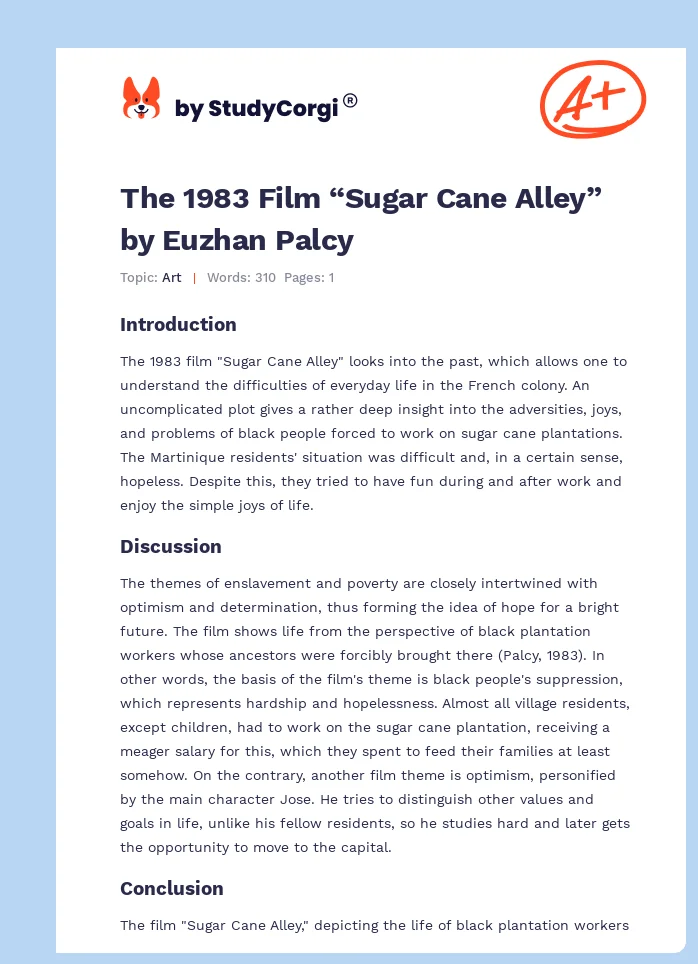 The 1983 Film “Sugar Cane Alley” by Euzhan Palcy. Page 1