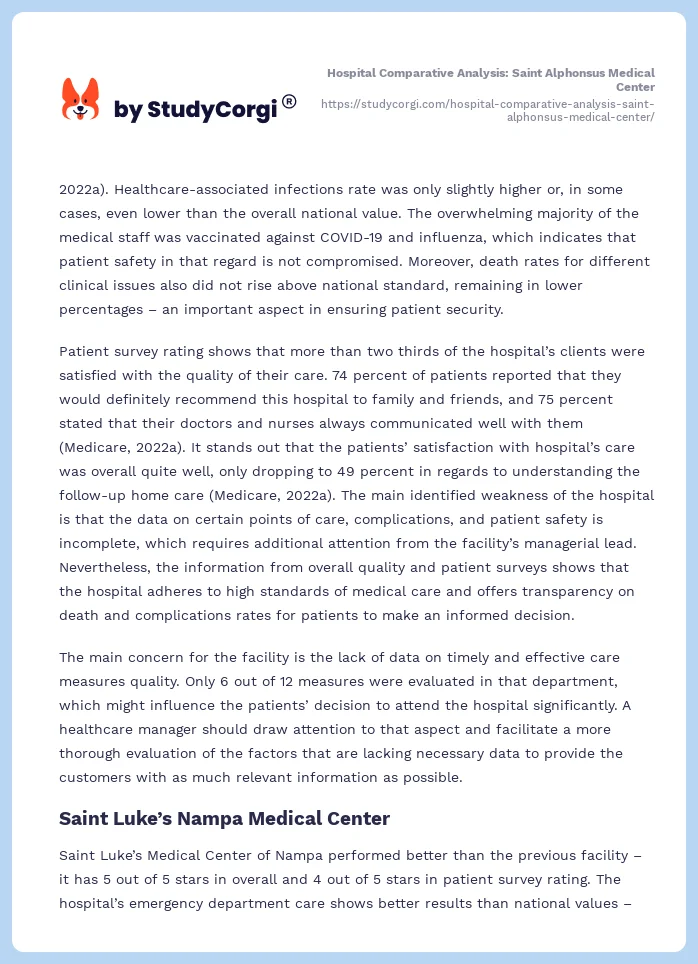 Hospital Comparative Analysis: Saint Alphonsus Medical Center. Page 2