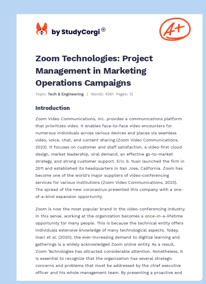 Zoom Technologies: Project Management in Marketing Operations Campaigns. Page 1