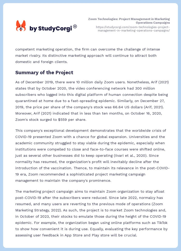 Zoom Technologies: Project Management in Marketing Operations Campaigns. Page 2