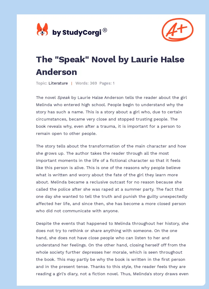 The "Speak" Novel by Laurie Halse Anderson. Page 1