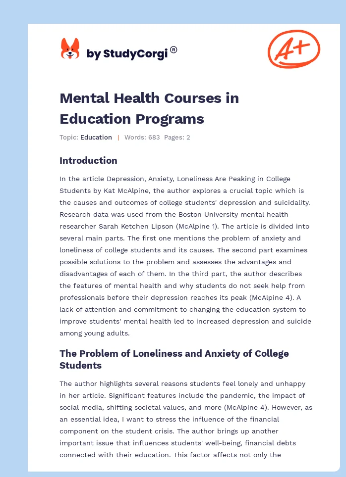 Mental Health Courses in Education Programs. Page 1