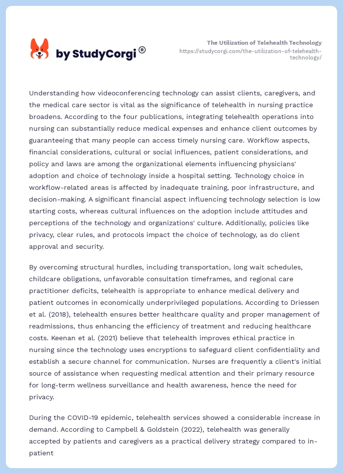 The Utilization of Telehealth Technology. Page 2