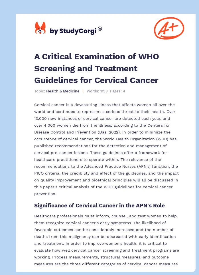 A Critical Examination of WHO Screening and Treatment Guidelines for Cervical Cancer. Page 1