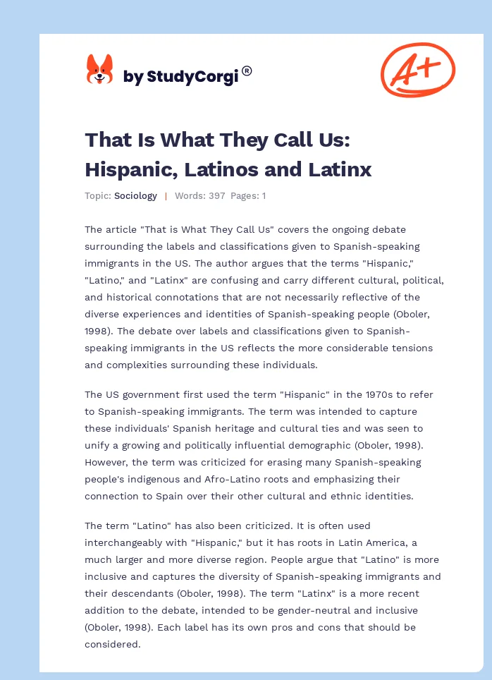 That Is What They Call Us: Hispanic, Latinos and Latinx. Page 1