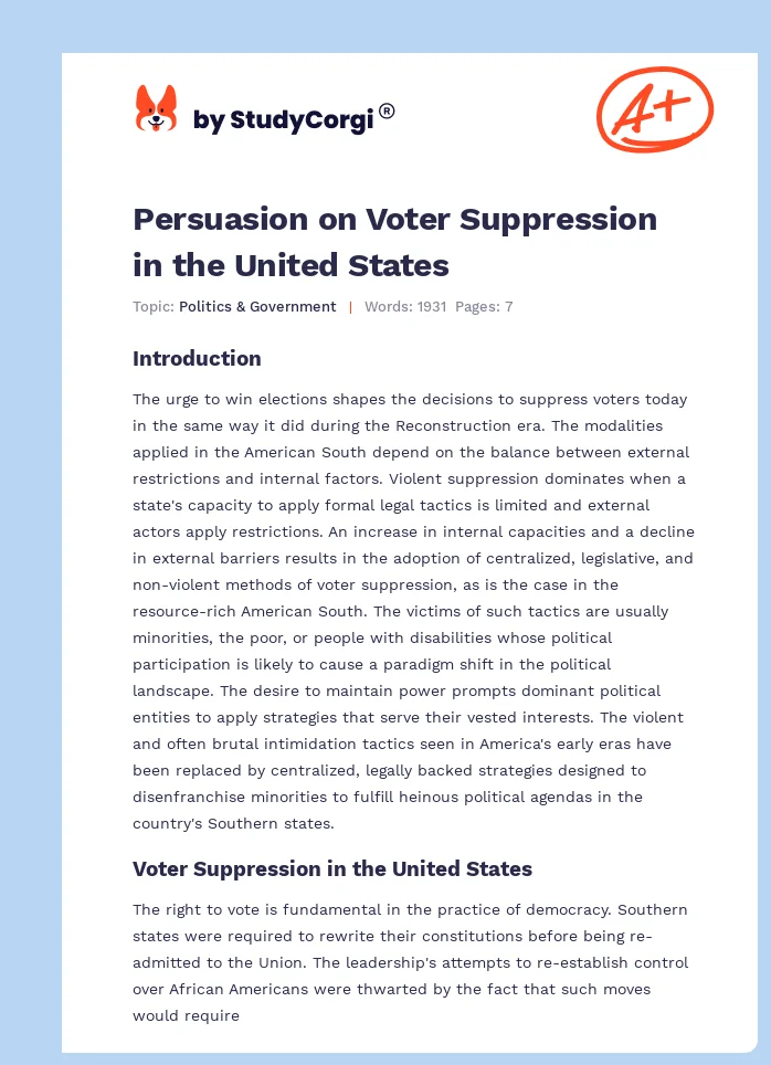 Persuasion on Voter Suppression in the United States. Page 1