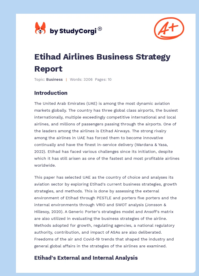 Etihad Airlines Business Strategy Report. Page 1