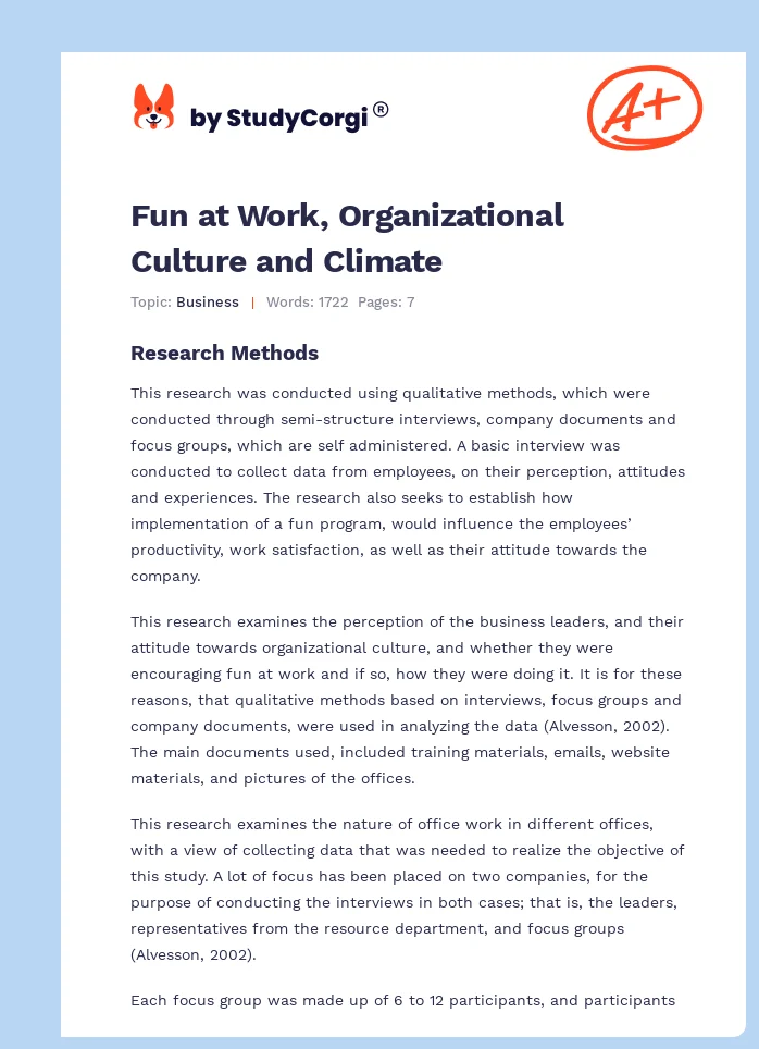 Fun at Work, Organizational Culture and Climate. Page 1