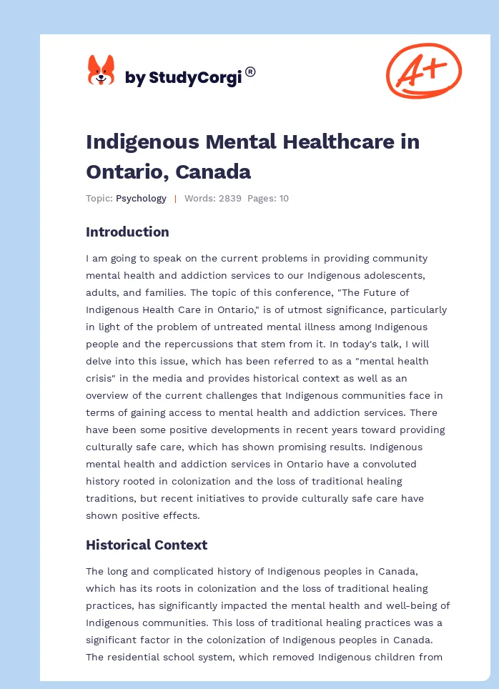 Indigenous Mental Healthcare in Ontario, Canada. Page 1