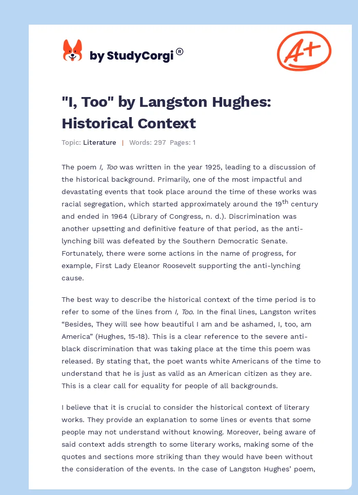 "I, Too" by Langston Hughes: Historical Context. Page 1