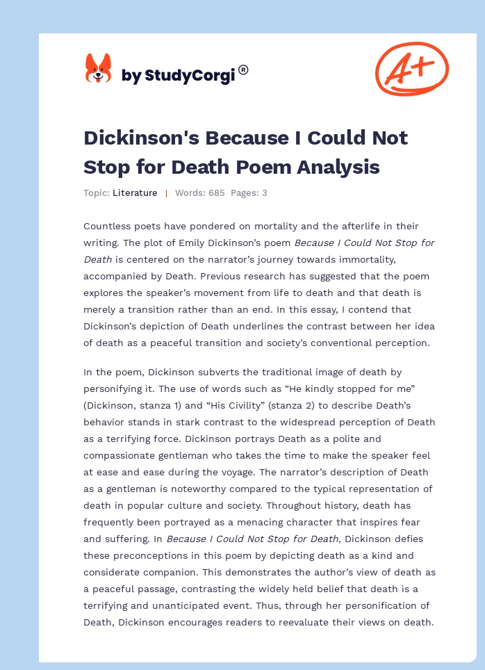 Dickinson's Because I Could Not Stop for Death Poem Analysis. Page 1