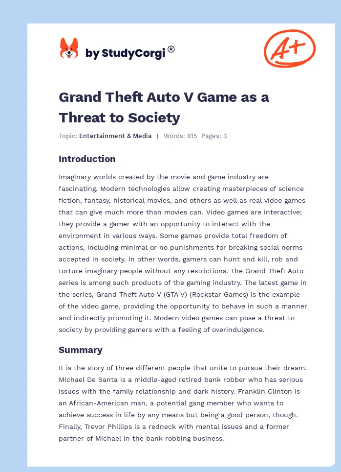 Grand Theft Auto V Game as a Threat to Society. Page 1