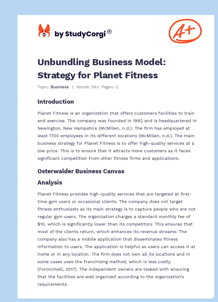 Unbundling Business Model: Strategy for Planet Fitness. Page 1