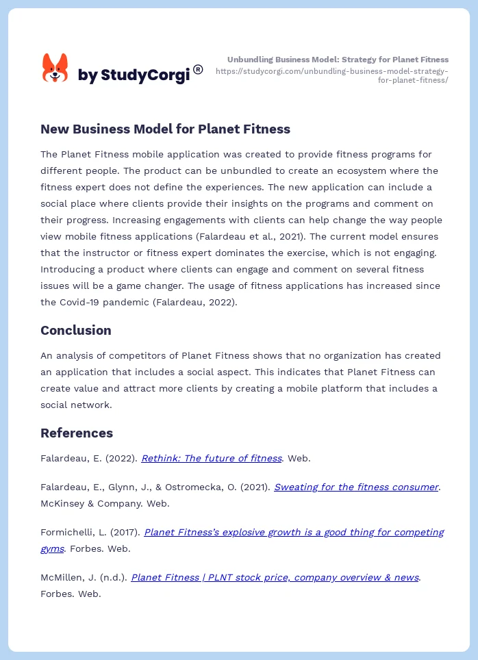Unbundling Business Model: Strategy for Planet Fitness. Page 2