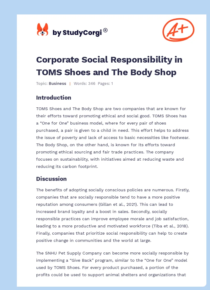Corporate Social Responsibility in TOMS Shoes and The Body Shop. Page 1