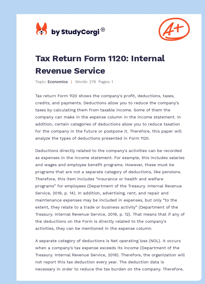 Tax Return Form 1120: Internal Revenue Service. Page 1