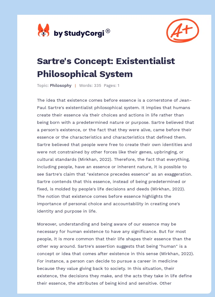 Sartre's Concept: Existentialist Philosophical System. Page 1