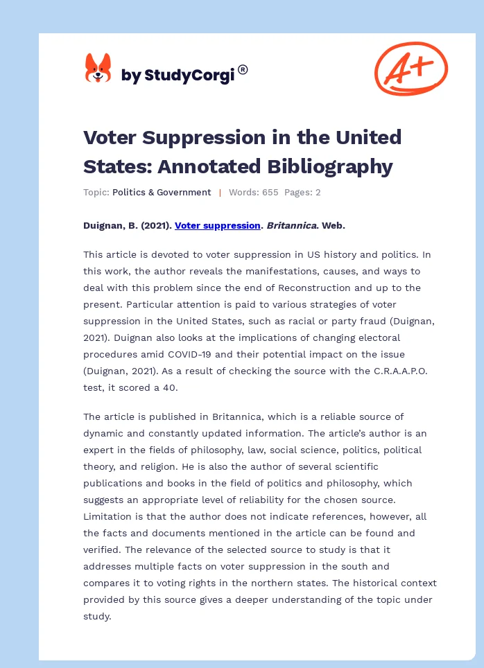 Voter Suppression in the United States. Page 1