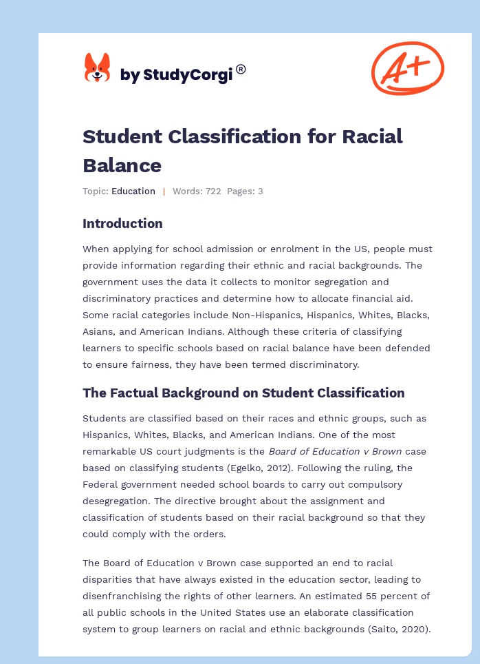 Student Classification for Racial Balance. Page 1