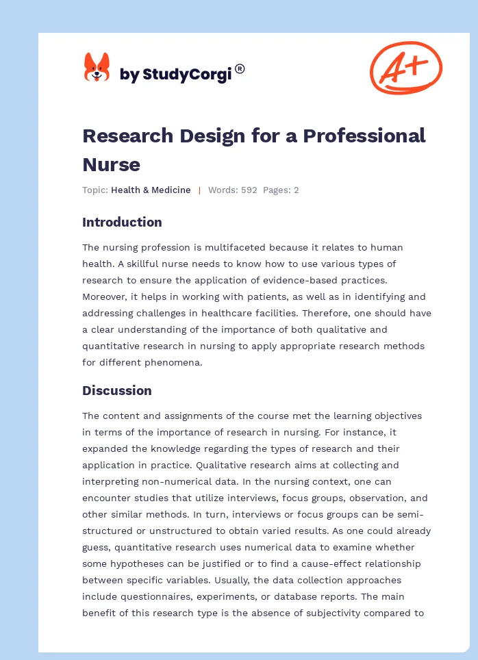 Research Design for a Professional Nurse. Page 1