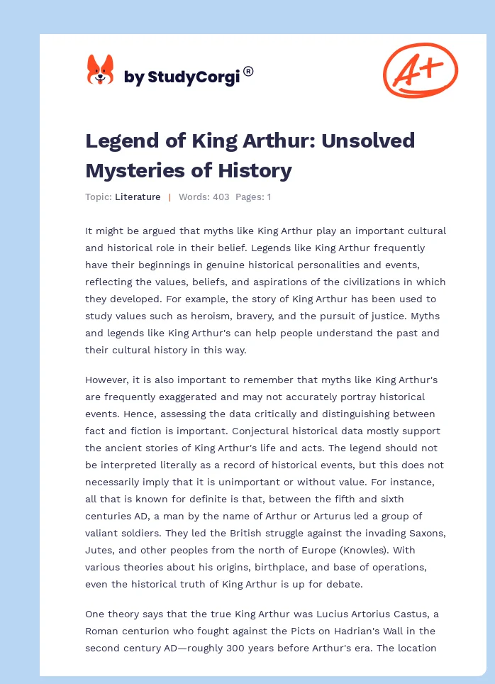 Legend of King Arthur: Unsolved Mysteries of History. Page 1