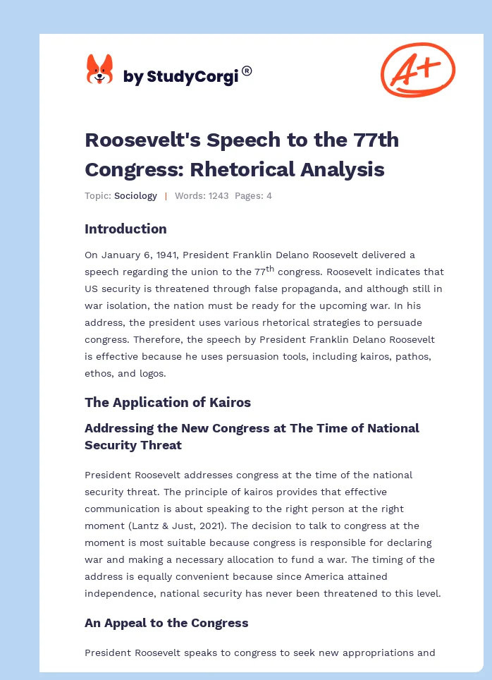 Roosevelt's Speech to the 77th Congress: Rhetorical Analysis. Page 1