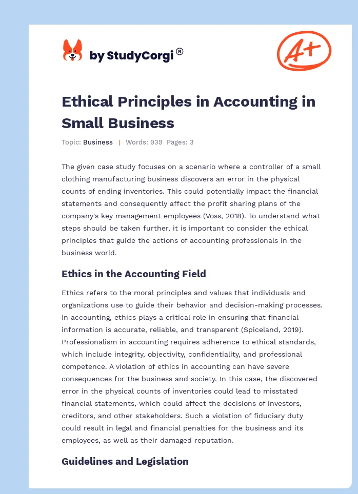Ethical Principles in Accounting in Small Business. Page 1