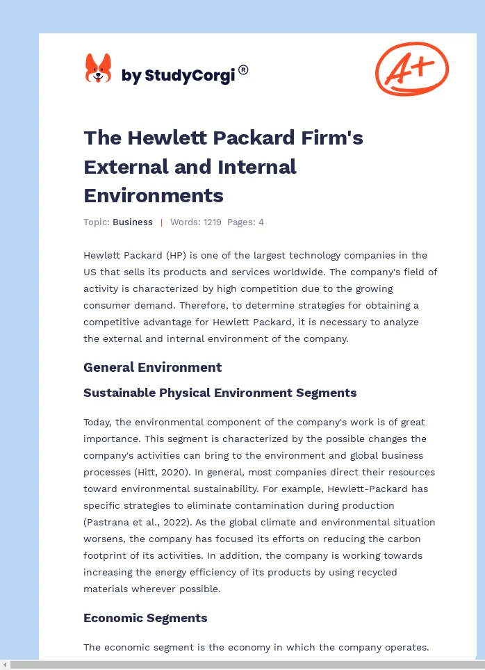 The Hewlett Packard Firm's External and Internal Environments. Page 1