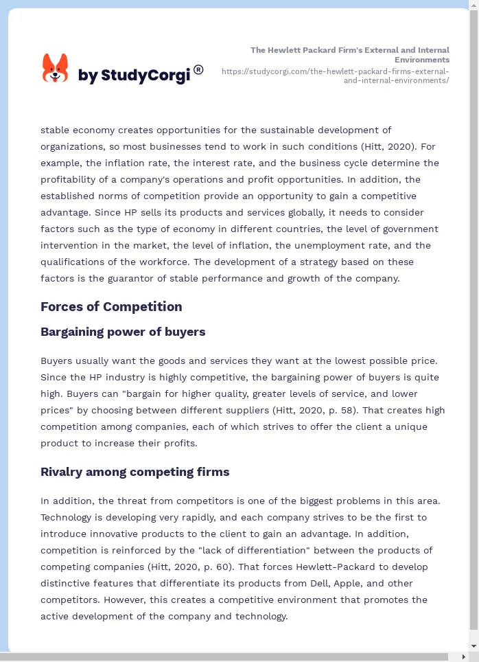 The Hewlett Packard Firm's External and Internal Environments. Page 2