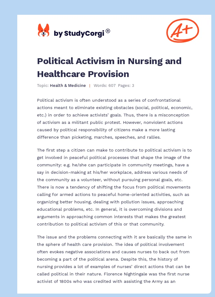 Political Activism in Nursing and Healthcare Provision. Page 1