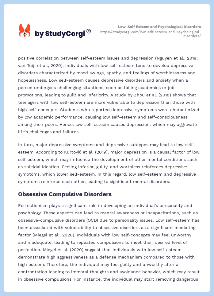Low-Self Esteem and Psychological Disorders. Page 2