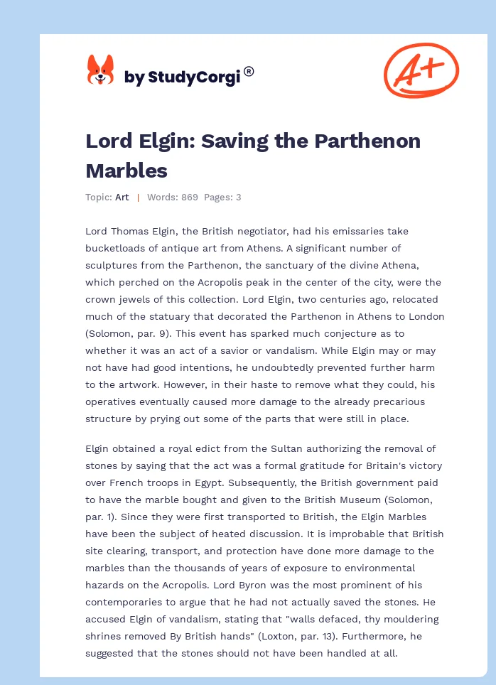 Lord Elgin: Saving the Parthenon Marbles. Page 1