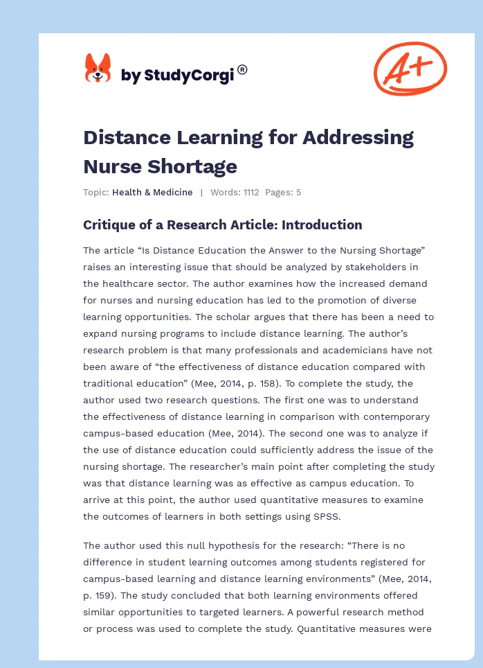 Distance Learning for Addressing Nurse Shortage. Page 1