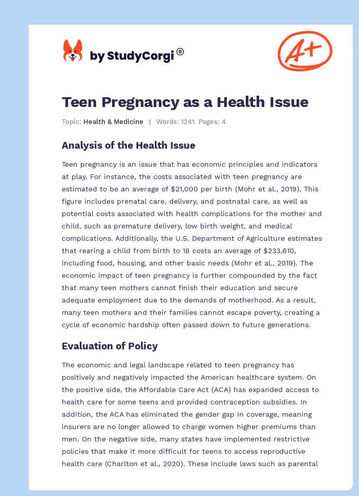Teen Pregnancy as a Health Issue. Page 1