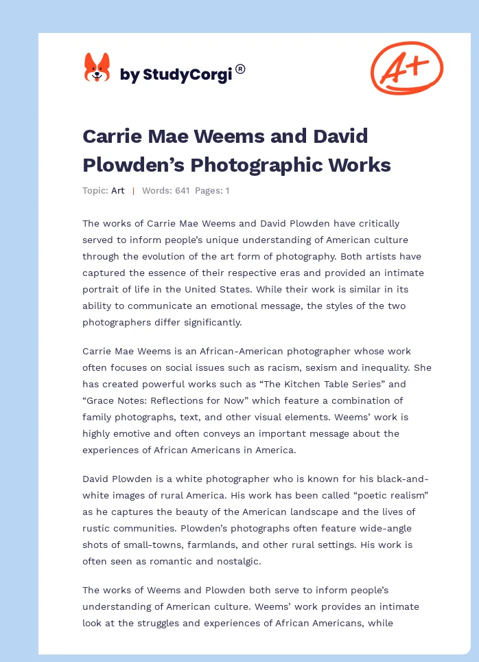 Carrie Mae Weems and David Plowden’s Photographic Works. Page 1