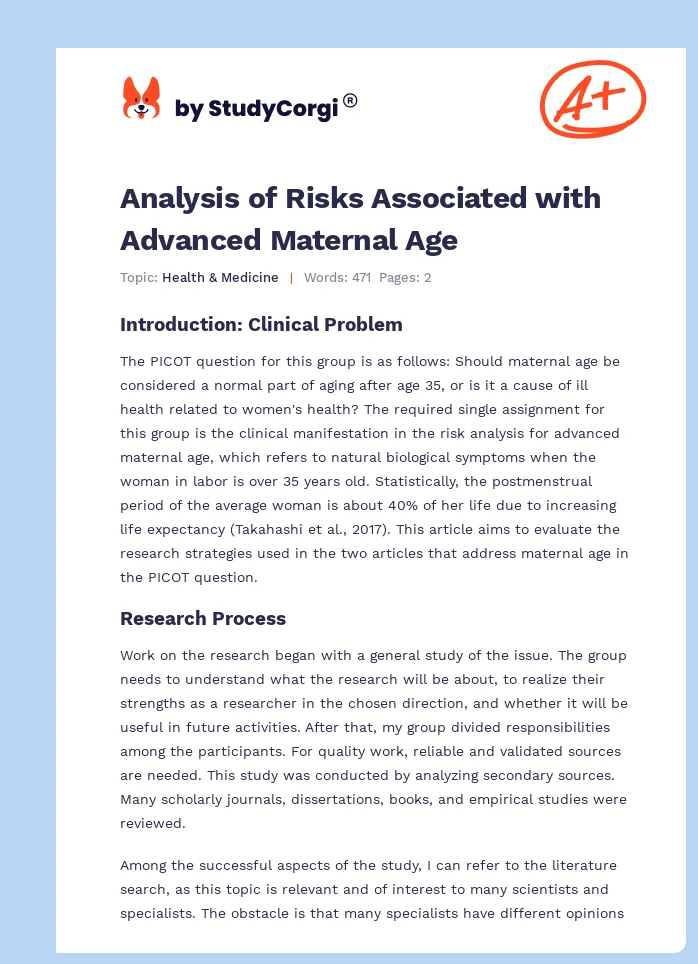 Analysis of Risks Associated with Advanced Maternal Age. Page 1