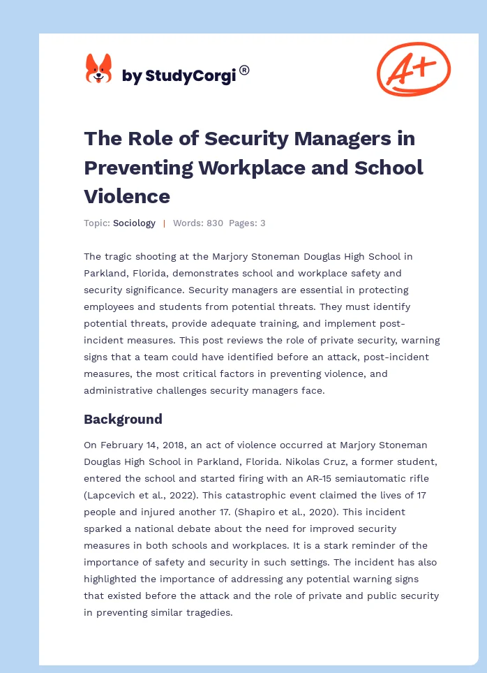 The Role of Security Managers in Preventing Workplace and School Violence. Page 1