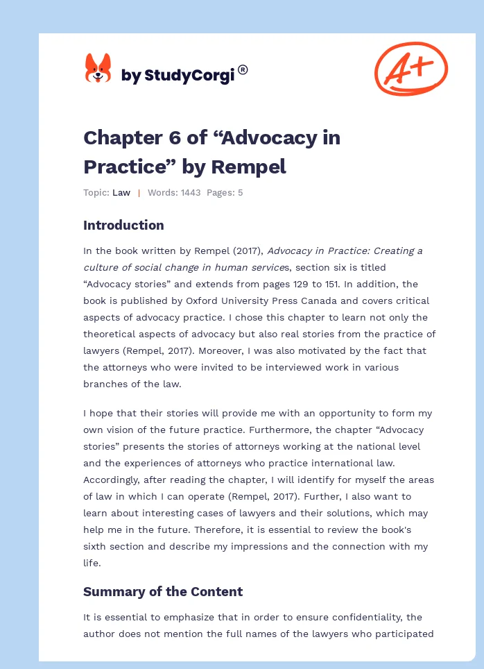 Chapter 6 of “Advocacy in Practice” by Rempel. Page 1