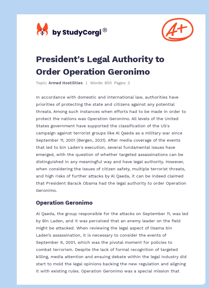 President's Legal Authority to Order Operation Geronimo. Page 1